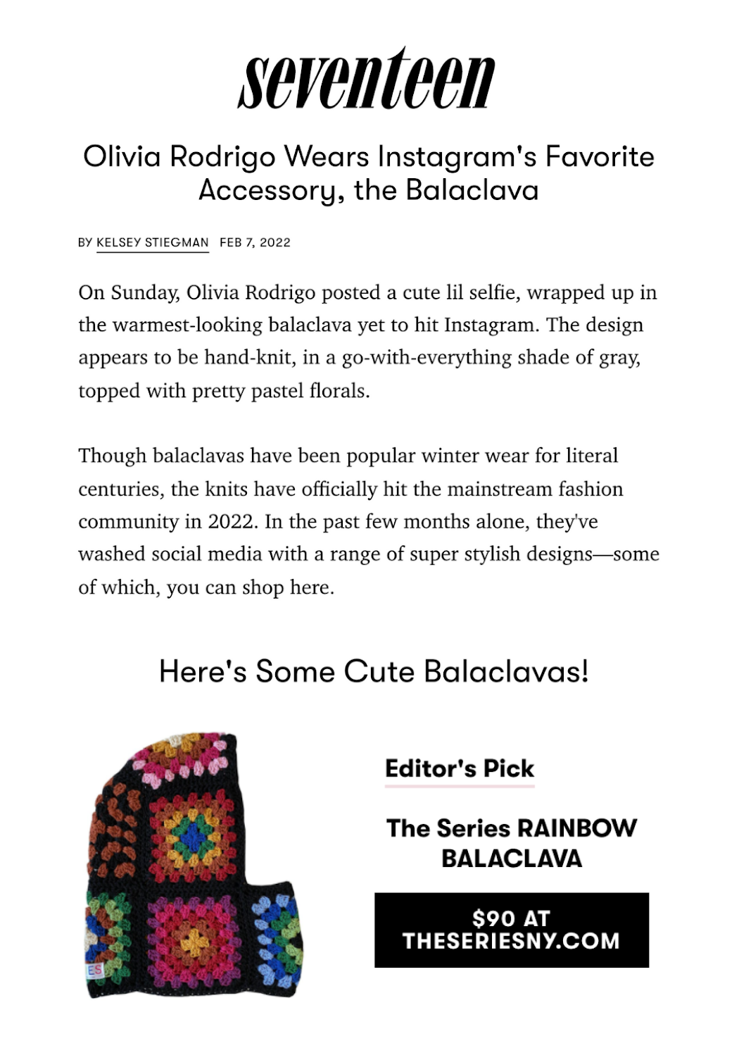 SEVENTEEN | Olivia Rodrigo Wears Instagram's Favorite Accessory, the Balaclava